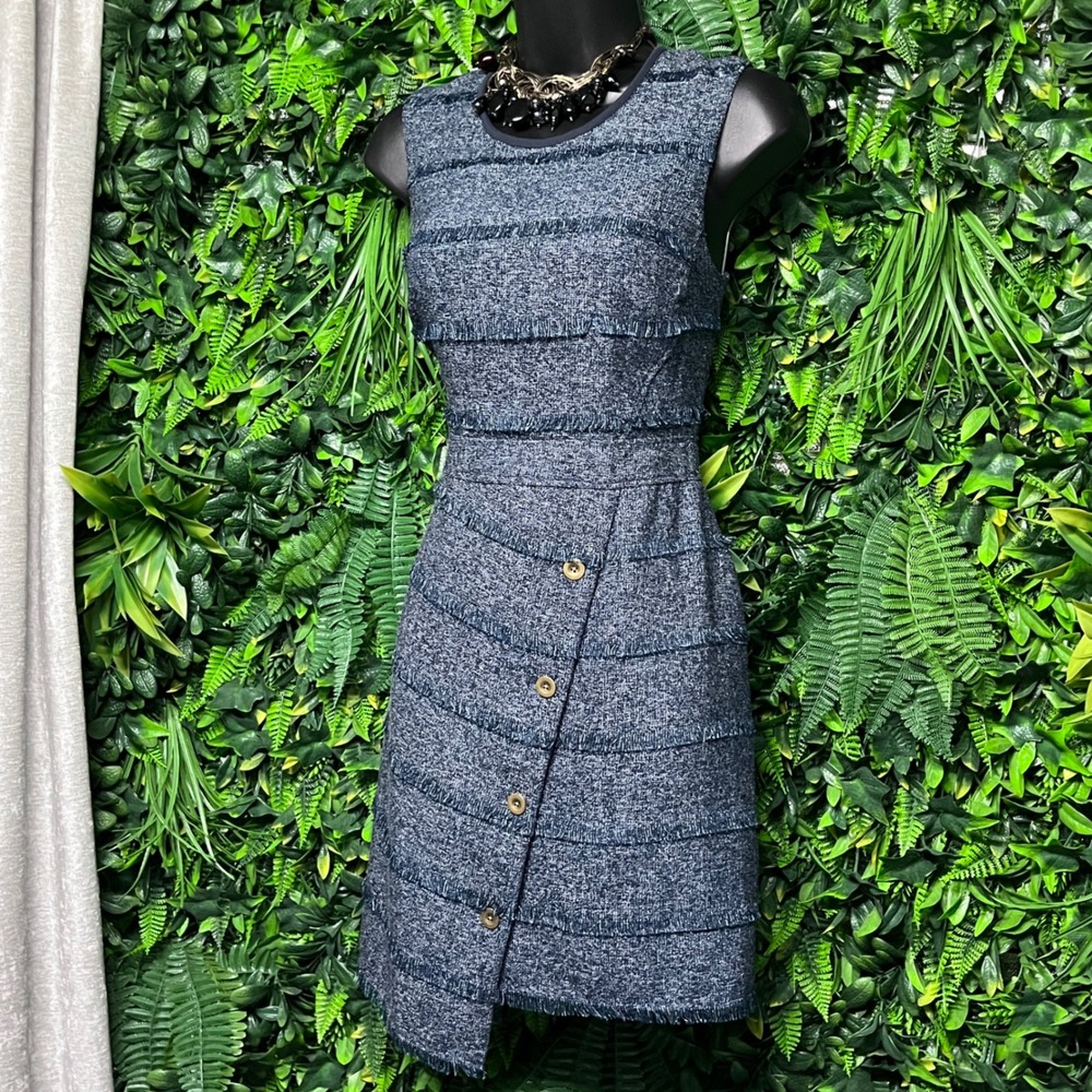 Rachel Roy Tweed Dress 0 Sleeveless Blue Button Asymmetrical Fringe Career 3014